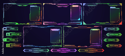 Stream Overlay, Mmo Game Menu, Neon Space Ui Frames Vector Set. Streaming Screens, Gamer Username Panels And Buttons