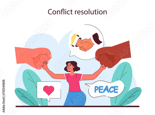 Conflict resolution concept. Harmonious resolution of business disagreements, showcasing a mediator promoting peace and understanding. Flat vector illustration.