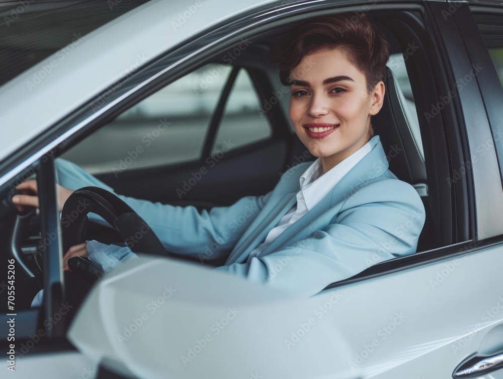 a happy stylish short-haired woman in light blue suit is driving white car. Portrait of happy female driver steering car with safety belt. a happy stylish short-haired woman in light blue suit is driving white car. Portrait of happy female driver steering car with safety belt.