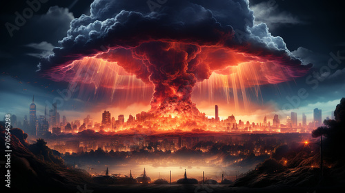 Human extinction event. the iconic shape of a colored nuclear smoke explosion visible from a distance