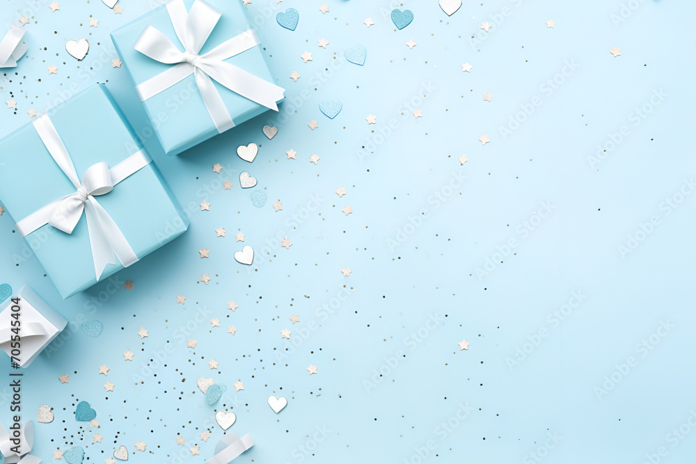 Layout for the holiday of Valentine's Day, gift, confetti and hearts, on a blue background with copy space. Layout for the holiday of Valentine's Day, gift, confetti and hearts, on a blue background with copy space.