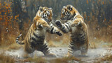 Two tiger cubs stand on hind legs, play fighting in a misty forest