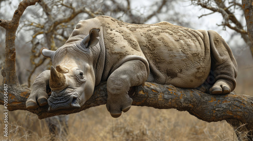 A rhinoceros sleeps peacefully on a tree branch in its natural habitat, an unusual sight that suggests tranquility and the unexpected in nature