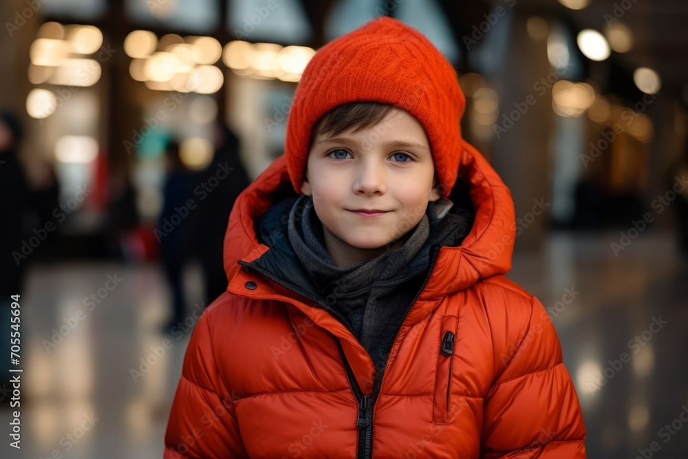 Portrait of a cute little boy in a red hat and coat in the city. Portrait of a cute little boy in a red hat and coat in the city.