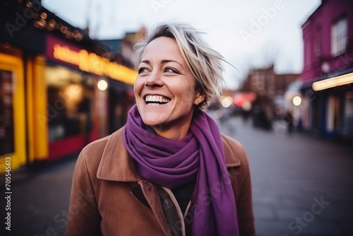 Portrait of smiling middle-aged woman on a city street. © Juan Hernandez