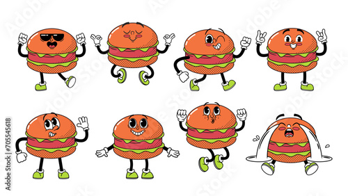 Whimsical Retro Cartoon Burger Characters Feature Charismatic Buns, Lively Patties, And Cheerful Toppings