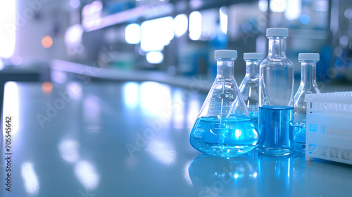 Blue Liquid inside Erlenmeyer flasks, science lab, laboratory room