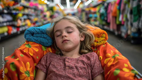 Child asleep in colorful shopping cart.