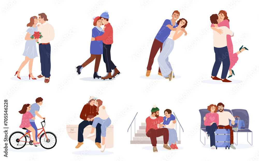 Happy love couples set. Happy men and women kissing, hugging and embracing. Diverse people in romantic relationships. Lovers characters dating concept. Cartoon sweethearts vector Illustration Happy love couples set. Happy men and women kissing, hugging and embracing. Diverse people in romantic relationships. Lovers characters dating concept. Cartoon sweethearts vector Illustration
