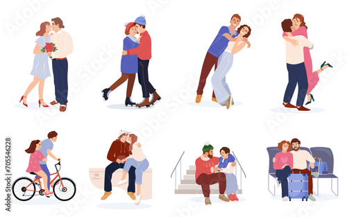 Happy love couples set. Happy men and women kissing, hugging and embracing. Diverse people in romantic relationships. Lovers characters dating concept. Cartoon sweethearts vector Illustration