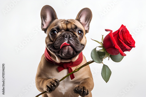 Funny dog congratulates on Valentine's Day on a white background with a rose.