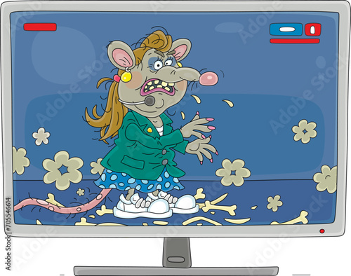 Angry old rat with a microphone, in a jacket, skirt and sneakers, participating in a propaganda television talk show with ideological brainwashing, vector cartoon illustration isolated on white