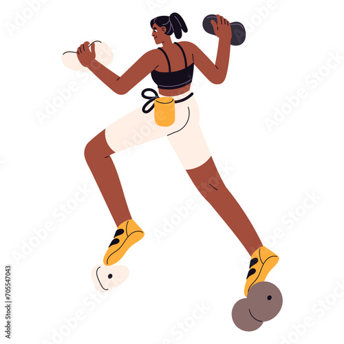 Athlete climbing on bouldering wall in mountain park. Climber upwards on rock gripping up of artificial stones. Young woman does extreme sport, training. Flat isolated vector illustration on white