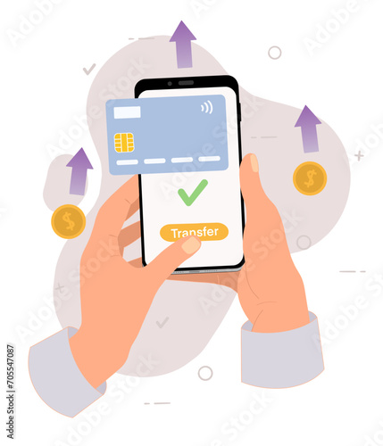 Mobile payment app money transfer process, hand holding smartphone vector illustration