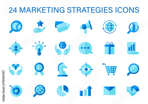 Marketing Strategies Icons Set. A collection of line icons representing key marketing strategies including SEO, social engagement, and analytics. Flat vector illustration.