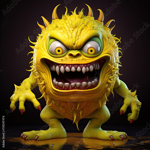 Funny, toothy, yellow monster in 3D style on a black background 