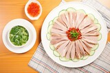 top view of sliced peking duck with green onions