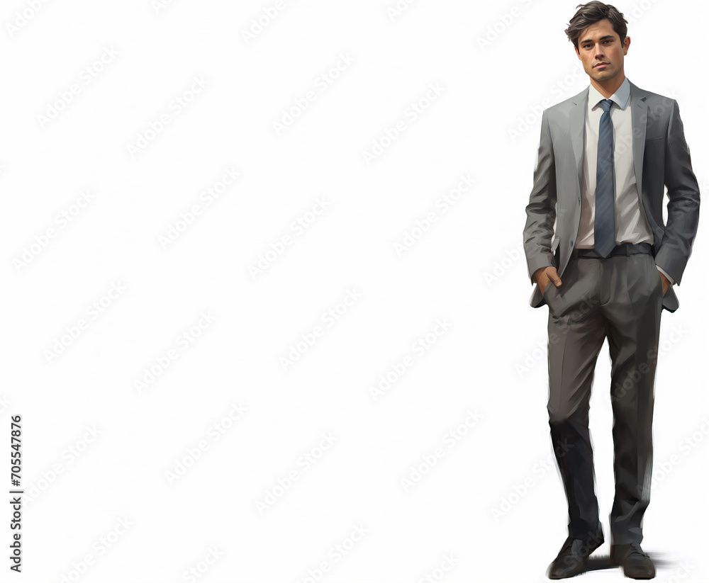 A male businessman in a formal suit stands at full height on a white background
A male businessman in a formal suit stands at full height on a white background