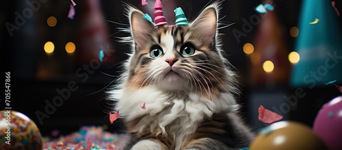 happy cute cat wearing a party hat celebrating a birthday party, surrounded by falling confetti, beige background