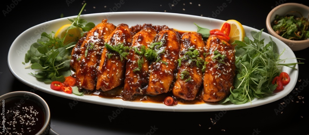 Grilled chicken with spicy sauce with top view Grilled chicken with spicy sauce with top view