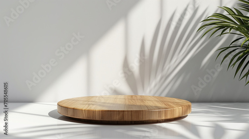 Minimalistic abstract gentle light grey background for product presentation on wooden podium with light andand intricate shadow from the window and vegetation on wall.