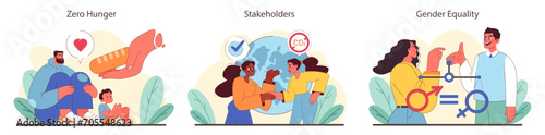 Hunger eradication, collaborative engagement, and gender balance set. Nourishing the young, uniting for climate action, advocating for equality. Harmonious society goals. Flat vector illustration.