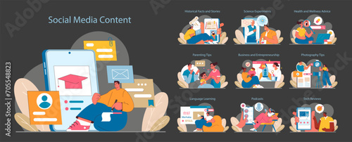 Social Media Content set. Educational and entertainment material creation. Engaging online audiences with tutorials, tips, and discussions. Flat vector illustration.