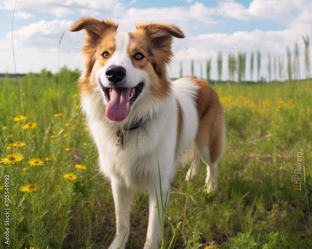 Dog standing in a green field, animal photography pics