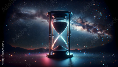 Hourglass with milky way or galaxy in the background, time travel concept