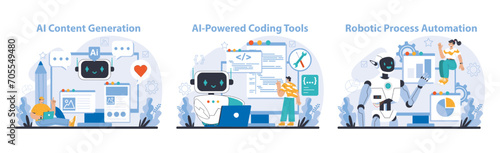 AI Tools set. Empowers content creation, facilitates coding tasks, and automates business processes. Tailored for efficiency and user engagement. Flat vector illustration.
