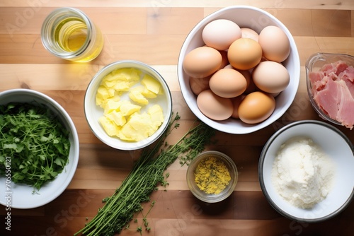 potato salad ingredient spread: mayo, mustard, eggs, potatoes