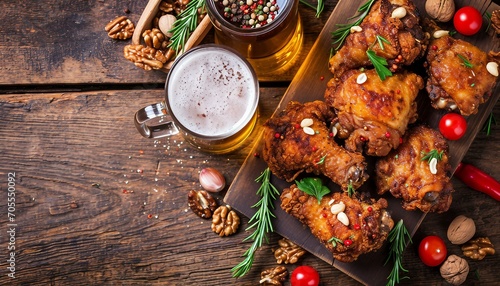 Fried chicken thighs with beer, A plate of fried chicken and a cup of beer on a table. photo