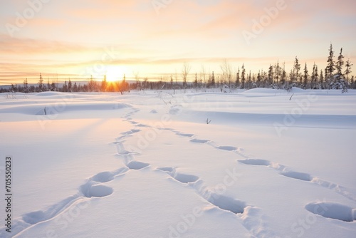 ptarmigan tracks leading across fresh snow