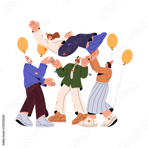 Girl in party hat celebrates birthday with friends. Colleagues congratulate with success. Happy people throw in air young woman. Festive teamwork event. Flat isolated vector illustration on white