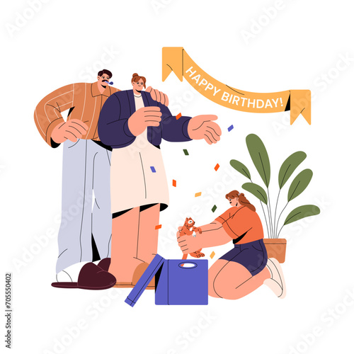 Happy family celebrates kid birthday. Parents give gift box with kitten for child. Joyful girl gets present, rejoices to cat, festive surprise. Flat isolated vector illustration on white background