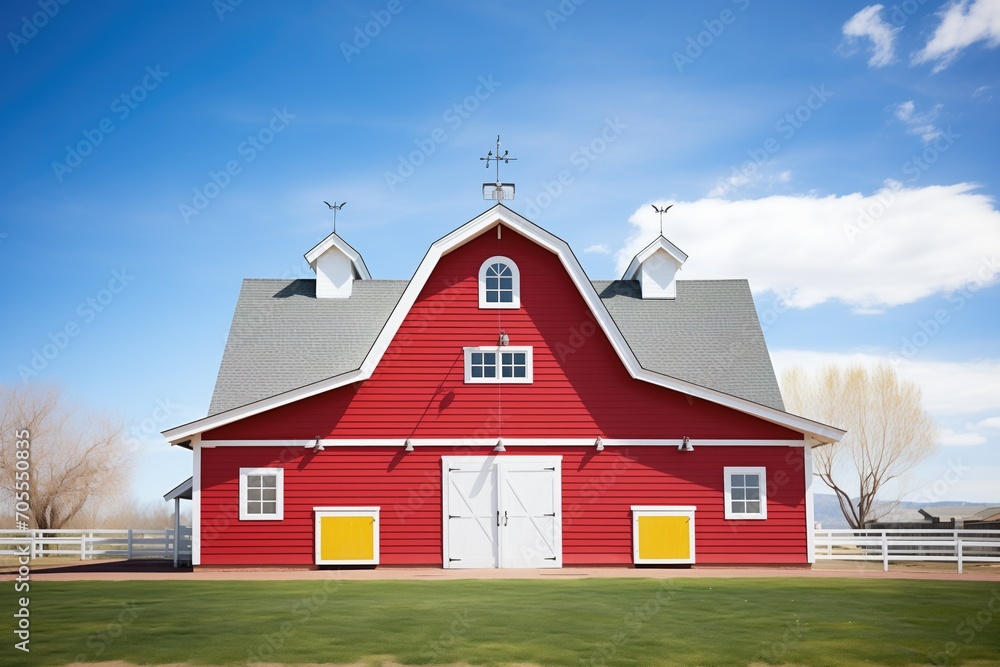 red barn with white trim on a sunny day red barn with white trim on a sunny day