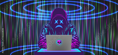 Vector anonymous angry sad hacker scammer in a hoodie sitting at a mobile computer in cyberpunk style. Abstract bright glowing laser beams. Virtual digital security.