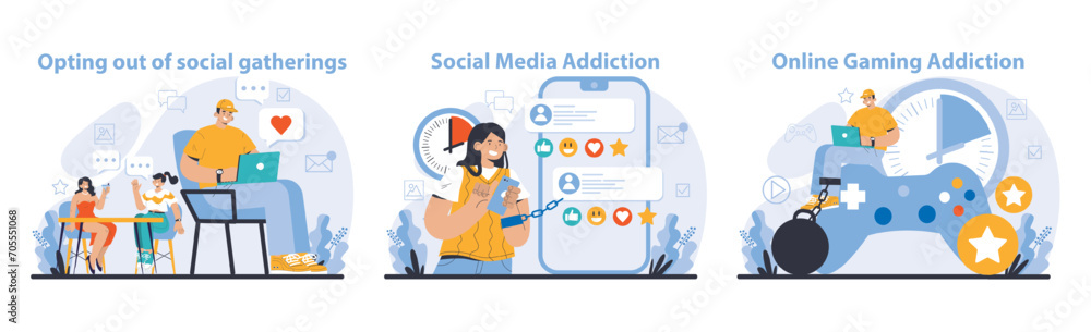 Internet addiction set. Scenes of individuals neglecting real-life interaction for social media and gaming, reflecting on internet overuse. Flat vector illustration. Internet addiction set. Scenes of individuals neglecting real-life interaction for social media and gaming, reflecting on internet overuse. Flat vector illustration.