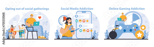 Internet addiction set. Scenes of individuals neglecting real-life interaction for social media and gaming, reflecting on internet overuse. Flat vector illustration. photo