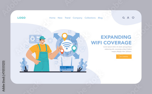 Wi-Fi network web or landing. Specialist setting up, developing and maintaining wireless fidelity equipment. Secure connection configuration. Flat vector illustration