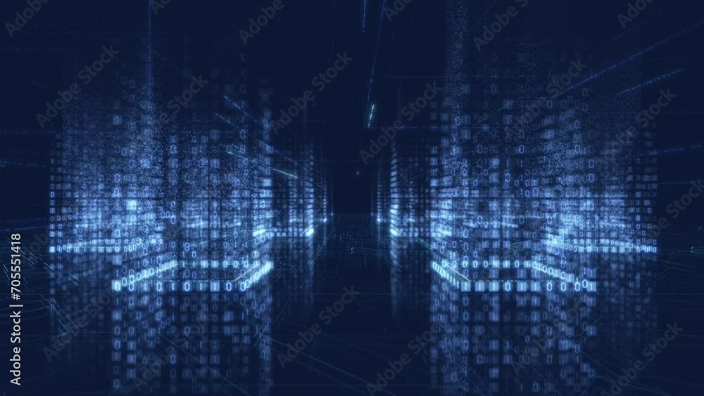 Digital code big data center with flowing data on blue background Digital code big data center with flowing data on blue background