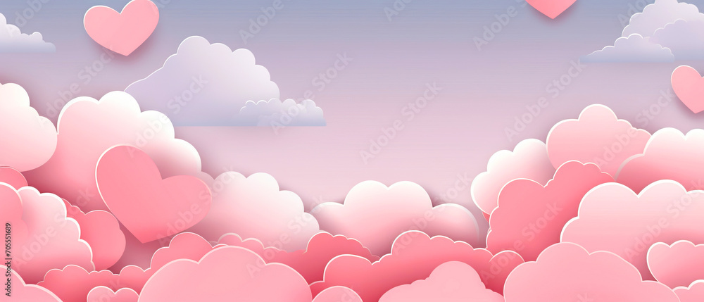 Holiday card for Valentine's Day with pink hearts and clouds - copy space for text