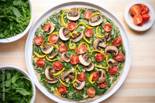 overhead shot of a spinach and mushroom topped raw pizza