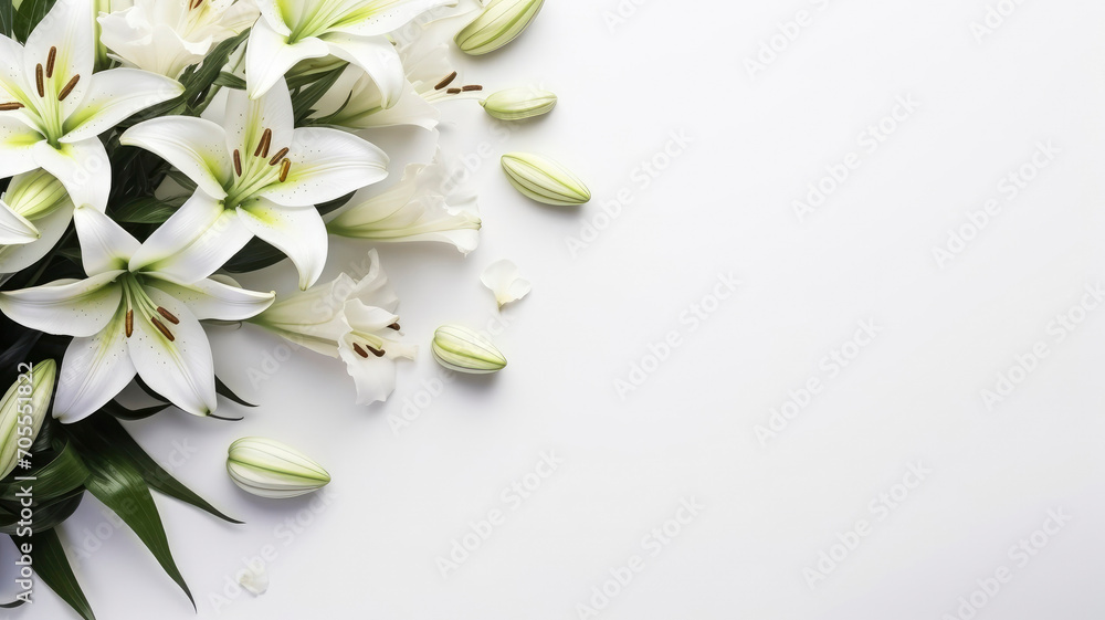 flowers white pastel lilies composition on a white background copy space template