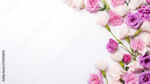 flowers purple rose and lisianthus composition on a white background copy space template © ТаtyanaGG