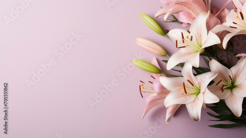 flowers white pastel lilies composition on a pink powdery background copy space template