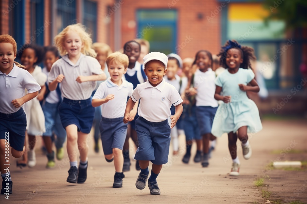 group of kids running in a schoolyard race group of kids running in a schoolyard race