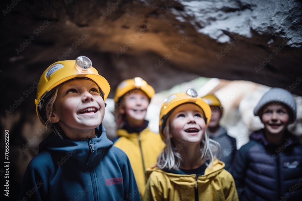 group of kids with makeshift headlamps in a cave-like setting group of kids with makeshift headlamps in a cave-like setting