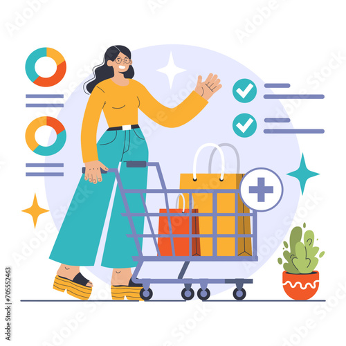 Procurement concept. Confident woman with shopping cart oversees data charts, ensuring optimal product selection and order fulfillment. Business efficiency in purchasing. Flat vector illustration