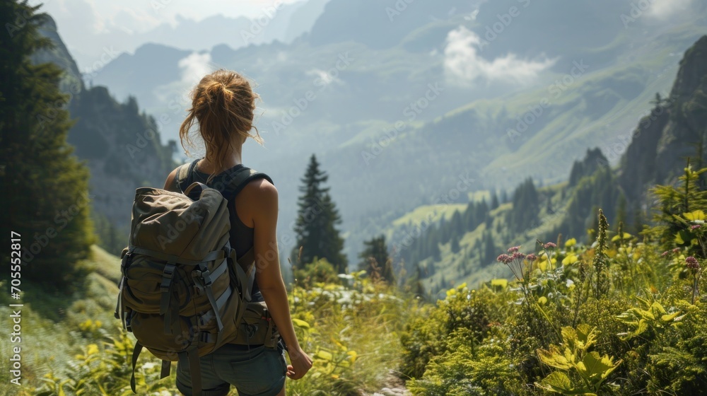 Girl Hiking in Mountains with Backpack